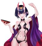  1girl absurdres bob_cut breasts collarbone cup eyeliner fangs fate/grand_order fate_(series) headpiece highres holding holding_cup horns japanese_clothes kimono makeup navel oni oni_horns open_clothes open_kimono open_mouth purple_hair purple_kimono revealing_clothes sakazuki short_eyebrows short_hair shuten_douji_(fate/grand_order) skin-covered_horns small_breasts solo tuta1910 violet_eyes 