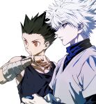  2boys absurdres bandages bare_shoulders black_hair black_tank_top blue_eyes brown_eyes child expressionless from_side gon_freecss highres hunter_x_hunter k.g_(matsumoto_zo) killua_zoldyck long_sleeves looking_to_the_side male_focus messy_hair multiple_boys short_hair silver_hair skinny spiky_hair tank_top upper_body white_background white_hair 