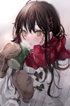  1girl bangs black_hair blush brown_mittens coffee_cup cup disposable_cup eyebrows_visible_through_hair hair_ornament hairclip holding jacket medium_hair mittens nose_blush open_mouth original red_scarf scarf shia_job sidelocks smile solo white_jacket yellow_eyes 