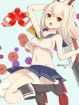  1girl :o absurdres asymmetrical_legwear ayanami_(azur_lane) azur_lane bandaged_leg bandages bangs bare_shoulders black_footwear blonde_hair blue_background blue_sailor_collar blue_skirt blush boots breasts collarbone commentary_request crop_top eyebrows_visible_through_hair floral_background full_body groin hair_between_eyes hair_ornament headgear high_ponytail highres holding holding_sword holding_weapon knee_boots kneehighs long_hair looking_at_viewer medium_breasts midriff navel neckerchief pleated_skirt ponytail red_eyes rudder_footwear sailor_collar sakura_empire_(emblem) shanghai_kani shirt sidelocks single_kneehigh single_thighhigh skindentation skirt solo sword thigh-highs twitter_username under_boob upper_teeth weapon white_legwear yellow_neckwear 