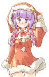  1girl alternate_costume arnest bangs bare_shoulders blush bow bowtie commentary cowboy_shot crescent crescent_moon_pin detached_sleeves dress fur_trim hair_bow hand_up hat long_hair long_sleeves looking_at_viewer panties pantyshot patchouli_knowledge pom_pom_(clothes) purple_hair red_bow red_dress red_headwear red_neckwear santa_hat simple_background solo touhou underwear violet_eyes white_background 