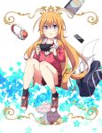  1girl ahoge bag blonde_hair book bow collared_shirt dress_shirt earphones eraser eyebrows_visible_through_hair gabriel_dropout gabriel_tenma_white handheld_game_console highres holding holding_handheld_game_console hood hoodie long_hair looking_at_viewer messy_hair open_book open_mouth paper pen phone plaid plaid_skirt red_bow school_bag shirt shoes skirt sneakers socks solo star_(symbol) starry_background ukami very_long_hair violet_eyes 