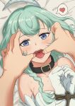  1boy 1girl aqua_hair bare_shoulders bound bound_wrists braid collar copyright_request gloves heart highres long_hair looking_at_viewer lying on_back open_mouth osame pov saliva spoken_heart teeth tongue violet_eyes white_gloves 