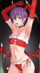  1girl ameno_shigure armpits arms_up bat_wings bikini blush christmas demon_girl flat_chest fur-trimmed_bikini fur_trim gloves head_wings lilith_aensland looking_at_viewer navel purple_hair red_bikini red_gloves santa_bikini short_hair side-tie_bikini smile solo standing swimsuit toned vampire_(game) wings 