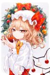  1girl adapted_costume alternate_wings apple blonde_hair christmas_ornaments commentary crystal fingernails flandre_scarlet food fruit grey_background hands_up hat hat_ribbon highres holding holding_food holding_fruit katai_(nekoneko0720) long_fingernails long_sleeves looking_at_viewer medium_hair mob_cap nail_polish red_eyes red_neckwear red_ribbon ribbon shirt side_ponytail sparkle touhou upper_body white_headwear white_shirt wings wreath yellow_neckwear 