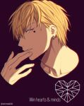  1boy bangs black_background blending blonde_hair collarbone commentary_request earrings english_text facial_mark hair_between_eyes hand_to_own_mouth hand_up heart jewelry kise_ryouta kuroko_no_basuke looking_at_viewer male_focus mashima_shima parted_lips short_hair simple_background solo twitter_username upper_body yellow_eyes 