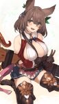  1girl animal_ears arm_under_breasts bare_shoulders blush boots breasts brown_gloves brown_hair erune eyebrows_visible_through_hair ganesagi gloves granblue_fantasy green_eyes hair_between_eyes hair_ornament highres la_coiffe_(granblue_fantasy) large_breasts leaf_hair_ornament looking_at_viewer open_mouth sideless_outfit sitting solo thigh-highs thigh_boots v wariza white_background 