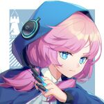  1girl arknights arm_up blue_eyes blue_jacket blue_poison_(arknights) blue_shrimp chinese_commentary closed_mouth eyebrows_visible_through_hair holding holding_syringe hood hood_up jacket looking_at_viewer low_twintails medium_hair pink_hair portrait rhodes_island_logo solo syringe twintails v-shaped_eyebrows 