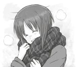  1girl :d ^_^ closed_eyes girls_und_panzer greyscale monochrome mutsu_(layergreen) nishizumi_miho open_mouth plaid plaid_scarf scarf short_hair simple_background smile solo upper_body 