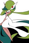  1girl apios1 arm_up bangs bob_cut colored_skin commentary_request flat_chest gardevoir gen_3_pokemon green_hair green_skin hair_over_one_eye hand_up highres legs_together looking_to_the_side multicolored multicolored_skin outstretched_arm pokemon pokemon_(creature) red_eyes short_hair simple_background solo two-tone_skin white_background white_skin 
