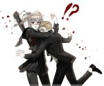  !? 1boy 1girl bangs black-framed_eyewear black_footwear black_jacket black_legwear black_pants black_serafuku black_skirt blonde_hair blush braid cowboy_shot dangan_ronpa_(series) dangan_ronpa_2:_goodbye_despair foot_up formal glasses hug jacket kuzuryuu_fuyuhiko long_hair long_sleeves looking_at_viewer messy_hair neckerchief open_mouth pants pantyhose pekoyama_peko pekupe_(p_krr) petals pleated_skirt red_eyes rose_petals sailor_collar school_uniform serafuku shirt short_hair skirt suit surprised sweat twin_braids white_background 