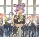  1girl absurdres animal_ears arm_behind_back blurry blush brown_flower brown_shirt cat_ears cat_tail covered_mouth cowboy_shot crop_top day depth_of_field dust_particles eyelashes flower hairband half-closed_eyes highres holding holding_flower hololive indoors jar navel neckerchief nekomata_okayu purple_hair rin31153336 sailor_collar shirt shorts smelling_flower solo symbolism tail vase violet_eyes white_shorts window 