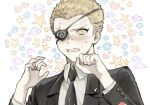  1boy black_eyepatch black_jacket blonde_hair blush clenched_teeth cloud_print collared_shirt commentary_request dangan_ronpa_(series) dangan_ronpa_2:_goodbye_despair formal freckles hands_up heart jacket jewelry kuzuryuu_fuyuhiko looking_at_viewer male_focus mole mole_under_mouth necktie pekupe_(p_krr) ring shirt short_hair solo star_(symbol) suit sweat teeth upper_body very_short_hair white_shirt wing_collar 