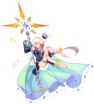  +_+ 1girl bare_shoulders barefoot blonde_hair closed_mouth crown detached_sleeves eyes_visible_through_hair fantasy floating floating_object holding holding_staff long_hair long_sleeves no_eyebrows original simple_background solo sparkle ssorasora staff white_background wide_sleeves yellow_eyes 