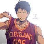  1boy aomine_daiki bare_shoulders basketball_uniform black_eyes black_hair cleveland_cavaliers clothes_writing collarbone copyright_name dark_skin dark_skinned_male grey_background hand_up kuroko_no_basuke lens_flare looking_at_viewer male_focus mashima_shima national_basketball_association parted_lips red_shirt shirt short_hair simple_background sleeveless sleeveless_shirt solo sportswear twitter_username upper_body 