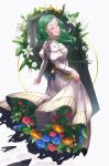  1girl artist_name closed_eyes coffin dress fire_emblem fire_emblem:_three_houses flower green_hair highres long_hair long_sleeves lunachaili parted_lips simple_background sitri_(fire_emblem) solo white_background white_dress 