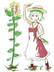  1girl arm_at_side arm_up commentary_request dress flower full_body green_hair hat kazami_yuuka leaf peroponesosu. plaid plaid_dress red_dress red_footwear short_hair simple_background sleeveless sleeveless_dress solo standing strap sun_hat sunflower sunlight touhou white_background 