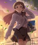  1girl bag bangs belt black_skirt brown_belt brown_eyes brown_hair building cardigan carrying closed_mouth clouds cloudy_sky collared_shirt commentary gradient_sky grey_cardigan hand_in_hair handbag idolmaster idolmaster_million_live! kamille_(vcx68) kitazawa_shiho leaf long_hair long_sleeves looking_at_viewer miniskirt orange_sky outdoors purple_sky railing shirt skirt sky smile solo standing stuffed_animal stuffed_cat stuffed_toy swept_bangs tree twilight white_shirt wind 