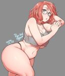  1girl 2020 agawa_ryou artist_name belly black-framed_eyewear breast_press breasts commentary dated glasses green_eyes grey_background huge_breasts leg_lift looking_at_viewer lying midriff navel on_side original parted_lips plump redhead short_hair signature simple_background solo thick_thighs thighs 