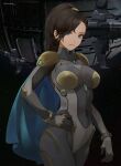  1girl artist_name black_hair blue_cape blue_eyes bodysuit cape chowbie closed_mouth commentary covered_navel cowboy_shot expressionless hair_over_one_eye hand_on_hip high_ponytail highres long_hair looking_at_viewer mecha neon_trim original skin_tight solo standing starry_background turtleneck 
