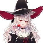  1girl animal_ear_fluff animal_ears bangs black_choker black_headwear braid chiemo_(xcem) choker extra_ears food french_braid fruit hair_ribbon hat holding holding_food holding_fruit long_hair long_sleeves open_mouth original red_eyes ribbon silver_hair simple_background solo strawberry white_background witch_hat 