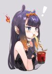  1girl absurdres bangs black_gloves blue_eyes blunt_bangs cheek_bulge chopsticks cup_noodle dadada eating food gloves highres hololive hololive_english instant_ramen long_hair multicolored_hair ninomae_ina&#039;nis noodles pointy_ears purple_hair ramen ramen solo tentacle_hair tentacles virtual_youtuber 