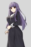  1girl asagami_fujino bangs black_dress blunt_bangs breasts dress elfenlied22 eyebrows_visible_through_hair feet_out_of_frame from_below frown grey_background hand_on_own_stomach highres hime_cut kara_no_kyoukai large_breasts long_hair long_sleeves looking_at_viewer no_pupils purple_hair red_eyes reien_girl&#039;s_academy_uniform school_uniform sidelocks simple_background solo standing 