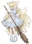  1girl alternate_costume animal_ears apron arknights bad_id bad_twitter_id blonde_hair blue_dress blue_footwear blue_hairband braid broom closed_mouth cn33612906 dress fox_ears fox_tail frilled_dress frills full_body green_eyes hairband highres holding holding_broom kitsune looking_at_viewer maid maid_apron maid_headdress multiple_tails short_hair smile solo standing suzuran_(arknights) tail 