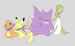  1girl apios1 bandana bangs blue_eyes blue_neckwear blush_stickers bob_cut charmander claws closed_eyes closed_mouth clothed_pokemon colored_skin commentary_request fang fire flat_chest full_body fushigi_no_dungeon gardevoir gen_1_pokemon gen_3_pokemon gengar green_hair green_skin grey_background hair_over_one_eye hand_up happy looking_at_another looking_back motion_lines multicolored multicolored_skin open_mouth pikachu pokemon pokemon_(creature) pokemon_(game) pokemon_mystery_dungeon red_sclera short_hair simple_background sketch smile standing sweat teeth two-tone_skin white_skin yellow_eyes 