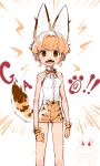  1girl absurdres animal_ear_fluff animal_ears breasts character_request earrings fangs gloves highres jewelry kemono_friends looking_at_viewer notora open_mouth orange_hair redesign shirt_tucked_in short_hair short_shorts shorts small_breasts solo tail v-shaped_eyebrows 