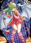  1girl absurdres bow dragon_wings dress fire_emblem fire_emblem:_mystery_of_the_emblem fire_emblem_heroes green_eyes green_hair hair_bow hako_momiji halloween_costume highres holding jack-o&#039;-lantern long_hair open_mouth pointy_ears ponytail short_dress solo tiki_(fire_emblem) wings 