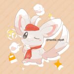  :&gt; artist_name closed_mouth clothed_pokemon commentary_request full_body gen_5_pokemon grey_eyes hamhsi_miyar hat minccino no_humans one_eye_closed paws pokemon pokemon_(creature) pokemon_cafe_mix red_headwear red_neckwear smile solo toes watermark 