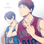  2boys bangs bare_shoulders basketball_jersey basketball_uniform black_eyes black_hair blue_shirt blurry chicago_bulls closed_mouth clothes_writing collarbone commentary_request copyright_name depth_of_field grey_background hair_over_one_eye hand_on_own_neck hand_up himuro_tatsuya kagami_taiga kuroko_no_basuke lens_flare looking_at_viewer male_focus mashima_shima multiple_boys national_basketball_association number one_eye_closed parted_lips red_eyes red_shirt redhead shirt short_hair simple_background sleeveless sleeveless_shirt smile sportswear twitter_username upper_body v 