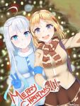  2020 2girls absurdres ahoge amatsuka_uto artist_name bangs blonde_hair blue_eyes blue_gloves blue_hair breasts brown_gloves brown_scarf christmas christmas_tree commentary earmuffs gloves hair_ornament hairclip highres hololive hololive_english indie_virtual_youtuber long_hair merry_christmas multiple_girls open_mouth scarf v virtual_youtuber watson_amelia 