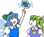  2girls :o blue_dress blue_eyes blue_hair bow breasts character_request cirno collared_shirt colored_skin drawfag dress dress_shirt eyebrows_visible_through_hair frog green_bow green_hair hair_bow hair_ornament ice ice_wings looking_up medium_hair multiple_girls neck_ribbon neckerchief open_mouth pointing pointing_up ponytail puffy_short_sleeves puffy_sleeves raised_eyebrows red_neckwear ribbon shirt short_hair short_sleeves side_ponytail simple_background small_breasts solid_circle_eyes touhou white_background white_shirt white_skin wings yellow_bow yellow_neckwear 