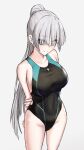  1girl anastasia_(fate) bangs bare_shoulders black_swimsuit blue_eyes blue_swimsuit blush breasts collarbone covered_navel elfenlied22 fate/grand_order fate_(series) hair_over_one_eye highleg highleg_swimsuit highres large_breasts long_hair looking_at_viewer one-piece_swimsuit ponytail silver_hair smile swimsuit thighs 