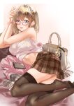  1girl :d bag bangs bare_arms bed black_legwear blue_eyes blush breasts brown_skirt cellphone ear_piercing eyebrows_visible_through_hair glasses gradient gradient_background handbag hands_together highres jewelry koji_(kojikojimdw) light_brown_hair lying medium_breasts medium_hair navel on_bed on_side open_mouth original phone piercing pillow pink_scarf plaid plaid_skirt pleated_skirt ribbed_shirt ring scarf shirt shirt_lift skindentation skirt sleeveless smartphone smile solo thigh-highs turtleneck upper_teeth wristband 