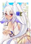  1girl azur_lane bangs blue_flower blue_rose blush bodypaint bride commentary_request crossed_bangs dark_skin dark-skinned_female dress facepaint flower from_side hair_between_eyes hair_flower hair_ornament highres jewelry long_hair long_ponytail looking_at_viewer minneapolis_(azur_lane) minneapolis_(trapper_white)_(azur_lane) native_american open_mouth ponytail red_eyes ring rose sidelocks silver_hair skirt_hold smile solo sosogi_m standing wedding_dress wedding_ring 