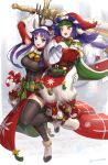  2girls abs altina animal_ears bell black_bodysuit blue_eyes blush bodysuit boots bow box breasts candy candy_cane cape carrying_over_shoulder commentary covered_navel detached_sleeves fake_animal_ears fire_emblem fire_emblem_heroes food full_body fur-trimmed_boots fur-trimmed_gloves fur_trim gift gift_bag gift_box gloves gonzarez green_bow green_cape hat headband highres holding holding_person holding_sword holding_weapon large_breasts long_hair looking_at_another looking_down multiple_girls official_alternate_costume open_mouth pants pom_pom_(clothes) purple_hair red_footwear red_headwear sanaki_kirsch_altina sandals santa_costume santa_hat signature skin_tight smile snowflakes star_(symbol) stocking_stuffer sword tabard tassel thigh-highs thighs waist_cape weapon white_footwear white_gloves white_pants yellow_eyes 