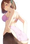  1girl ass back bangs blush bra braid breasts brown_hair brown_legwear eyebrows_visible_through_hair from_behind hair_ribbon head_tilt kamizaki_hibana looking_at_viewer looking_back medium_breasts original panties pantyhose pantyhose_pull pink_bra pink_panties ribbon short_hair shoulder_blades simple_background solo standing thighband_pantyhose underwear underwear_only violet_eyes 