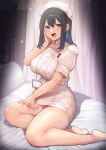  1girl :d bangs bed black_hair blue_eyes blurry blurry_background blush breasts collared_dress commentary_request curtains dress eyebrows_visible_through_hair hair_between_eyes hand_on_own_cheek hand_on_own_face hand_up hat highres id_card indoors karinto_yamada lap_pillow_invitation large_breasts light_particles long_hair looking_at_viewer no_shoes nurse nurse_cap on_bed open_mouth original pantyhose pen pen_in_pocket pillow pocket shadow short_dress short_sleeves sitting smile soles solo thighband_pantyhose white_dress white_headwear white_legwear yokozuwari 