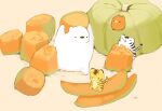  bear bird chai closed_eyes food fruit gourd highres melon meowing no_humans open_mouth original pink_background simple_background tiger 