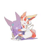  apios1 blush clenched_teeth closed_eyes commentary_request crobat full_body gen_2_pokemon gen_6_pokemon happy hug light_blush no_humans open_mouth pawpads pokemon pokemon_(creature) restrained ribbon simple_background smile sweat sylveon teeth white_background 