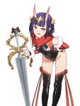  1girl bell bob_cut breasts bright_pupils detached_sleeves eyeliner fang fate/grand_order fate_(series) fur-trimmed_sleeves fur_trim hair_bell hair_ornament highres horns jingle_bell k52 leotard looking_at_viewer makeup oni oni_horns purple_hair short_hair shuten_douji_(fate/grand_order) sideboob skin-covered_horns small_breasts smile solo thigh-highs violet_eyes 
