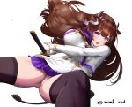  1girl animal_ears artist_name artist_request azur_lane breasts brown_hair brown_legwear capelet cow_ears cow_girl cow_horns cow_tail double-breasted highres holding holding_sword holding_weapon horns jacket kashino_(azur_lane) large_breasts long_hair looking_at_viewer microskirt open_mouth panties pantyshot pink_panties purple_skirt sheath sheathed simple_background skirt solo sword tail thigh-highs thighs underwear violet_eyes weapon white_background white_capelet white_jacket 