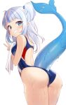  1girl ass backless_swimsuit bare_arms bare_shoulders blue_eyes blue_swimsuit breasts cowboy_shot fish_tail from_behind gawr_gura grin hair_ornament highleg highleg_swimsuit highres holding hololive hololive_english long_hair looking_at_viewer looking_back multicolored_hair one-piece_swimsuit pn_(wnsl216) shark_tail sidelocks simple_background small_breasts smile solo streaked_hair swimsuit tail tail_raised thighs towel two_side_up v virtual_youtuber wet wet_clothes wet_swimsuit white_background white_hair 