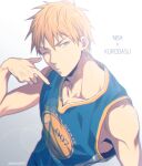  1boy bangs bare_shoulders basketball_uniform blonde_hair blurry clothes_writing collarbone commentary_request copyright_name depth_of_field earrings golden_state_warriors grey_background hair_between_eyes jewelry kise_ryouta kuroko_no_basuke lens_flare looking_at_viewer male_focus mashima_shima national_basketball_association number one_eye_closed parted_lips short_hair simple_background solo sportswear twitter_username upper_body yellow_eyes 
