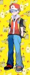  1boy absurdres backpack bag baseball_cap black_shirt black_wristband blue_pants brown_hair closed_mouth commentary_request full_body gen_1_pokemon hands_in_pockets hat highres jacket looking_to_the_side male_focus pants pikachu poke_ball_symbol pokemon pokemon_(game) pokemon_frlg red_(pokemon) red_headwear shirt shoes short_sleeves sleeveless sleeveless_jacket standing vs_seeker wristband yellow_background yellow_bag zonbi4771 