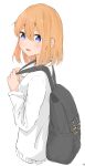  1girl auui backpack bag bangs blue_eyes blush brown_hair commentary_request eyebrows_behind_hair from_side go-toubun_no_hanayome hair_between_eyes hands_up highres holding_strap long_sleeves looking_at_viewer looking_to_the_side nakano_yotsuba open_mouth shirt simple_background solo upper_teeth white_background white_shirt 