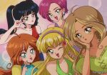  1980s_(style) 5girls black_hair blonde_hair bloom_(winx_club) collarbone dark_skin dark-skinned_female derivative_work earrings finger_to_mouth flora_(winx_club) green_eyes hair_behind_ear hairband hanavbara hand_on_another&#039;s_shoulder hand_on_own_cheek hand_on_own_face jewelry long_hair multicolored_hair multiple_girls musa_(winx_club) one_eye_closed open_mouth puckered_lips purple_hairband retro_artstyle screencap_redraw stella_(winx_club) streaked_hair tecna_(winx_club) tongue tongue_out twintails v winx_club yellow_eyes 